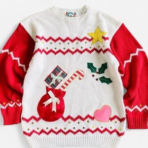 Vintage Bravo! Red & White Knit Embroidered Christmas Sweater Retro 80s M